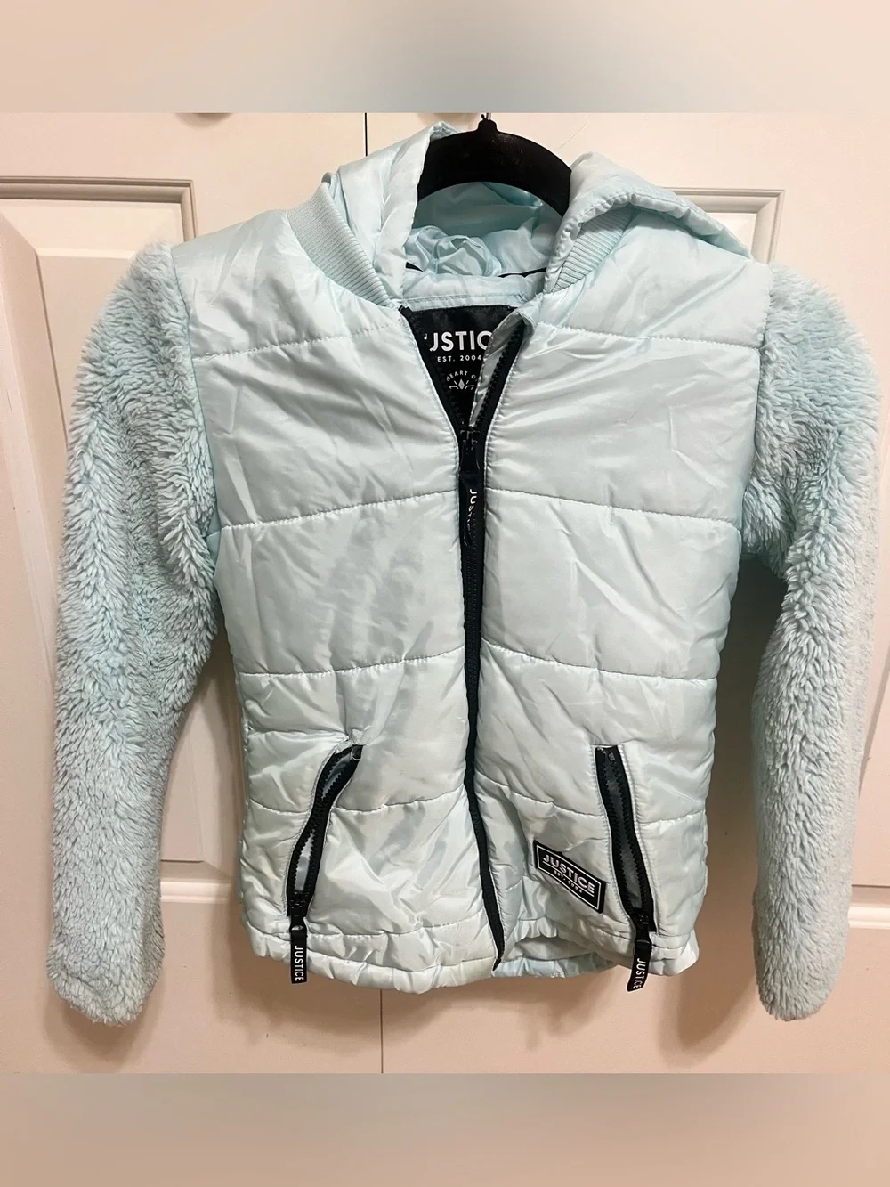 Justice Light Mint Blue Hooded Puffer Jacket with Faux-Fur Sleeves